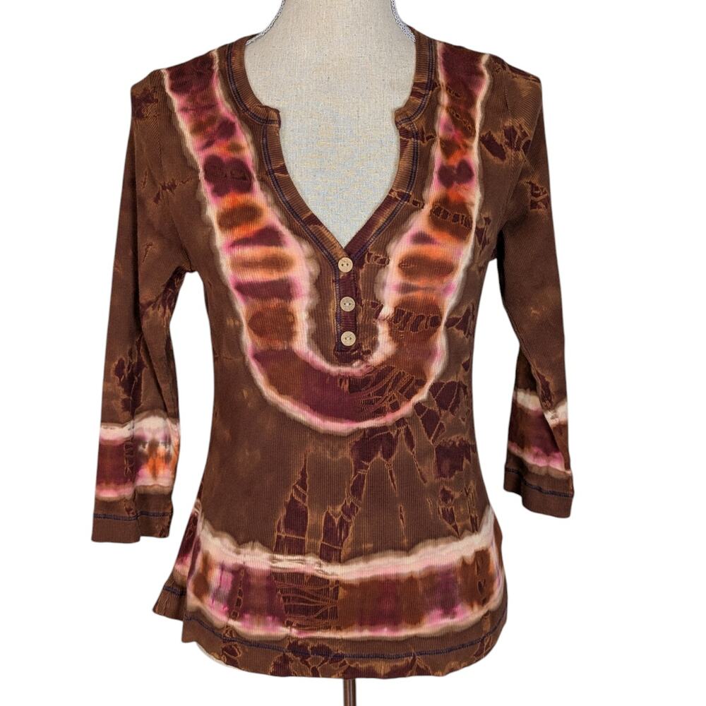 Y2K Vintage Me & Ko Tie-Dye Henley T-Shirt 3/4 Sleeve Top Brown Size Large